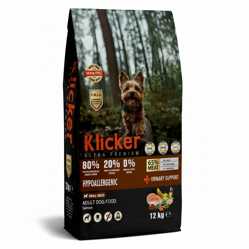 Klicker Adult Dog Salmon "Mini" Breed -  Hrană uscată hipoalergenică fără cereale pentru câini adulți de rasă mică (Mini), cu Somon 12 kg