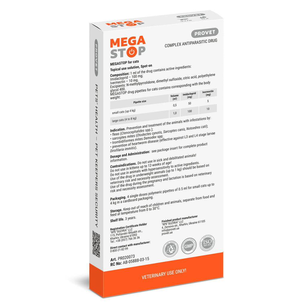 Megastop spot-on pentru pisici de până la 4 kg, (4 pipete a câte 0,5 ml)