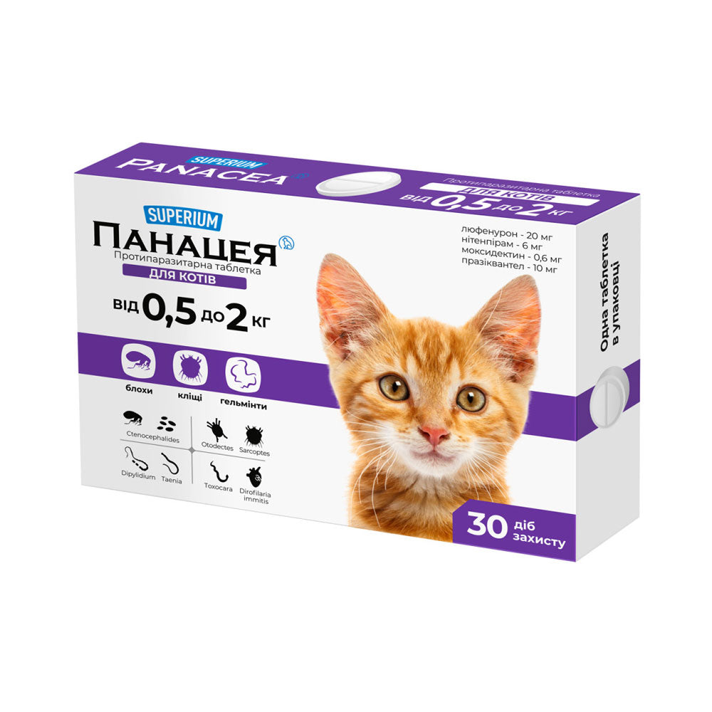 SUPERIUM Panacea este prima tabletă pentru pisici împotriva TUTUROR tipurilor de paraziți pentru pisici cu greutatea cuprinsă între 0,5 și 2 kg.