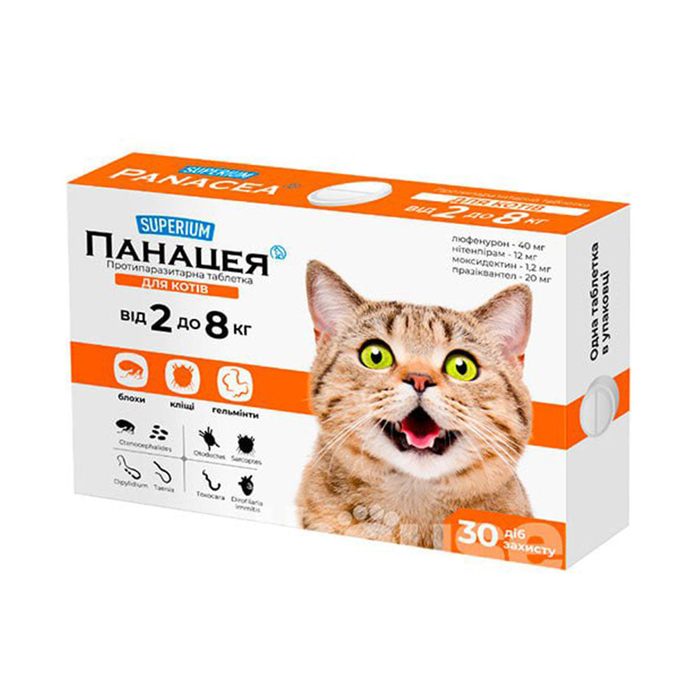 SUPERIUM Panacea este prima tabletă pentru pisici împotriva TUTUROR tipurilor de paraziți pentru pisici cu greutatea cuprinsă între 2 și 8 kg.