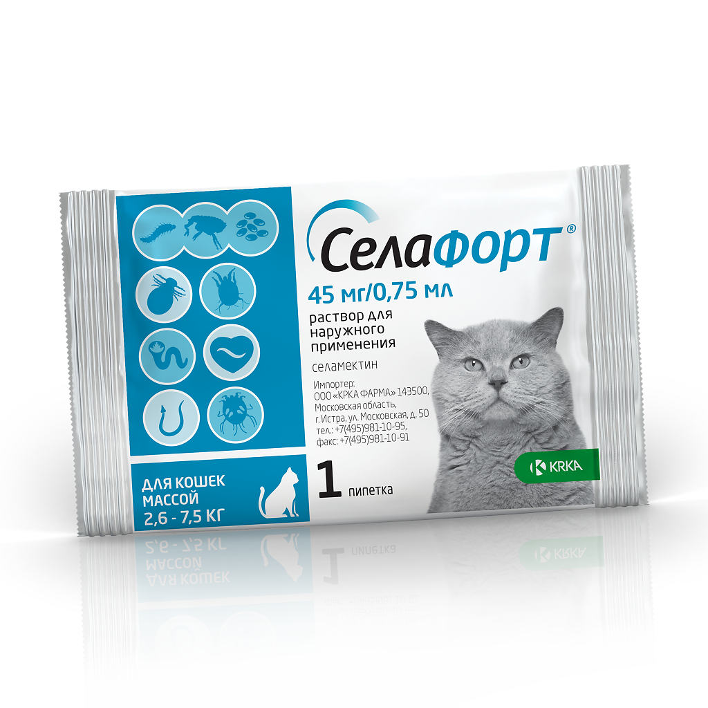 Selafort pentru pisici (2,6 - 7,5 kg) pipetă 0,75 ml / 45 mg 1 buc
