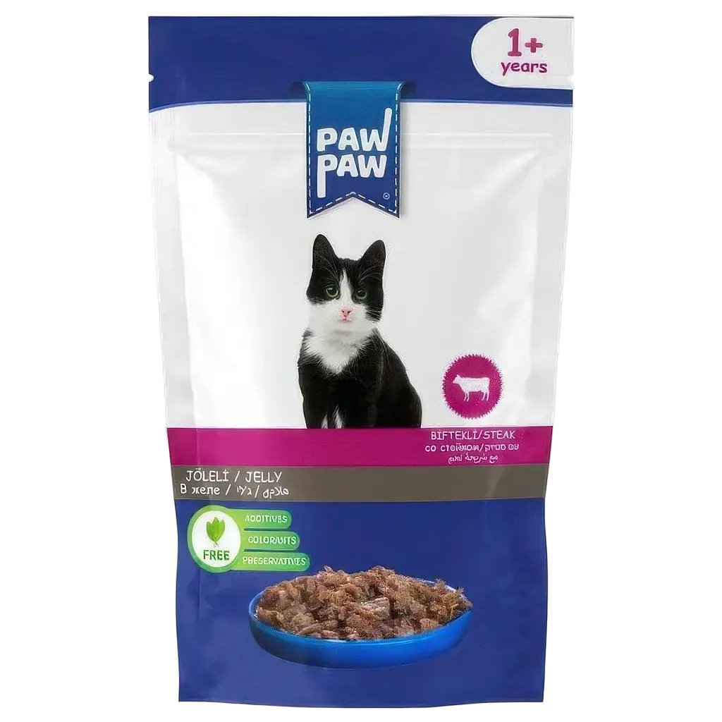 Hrană umedă Pawpaw pentru pisici adulte cu carne de vită în jeleu 85g