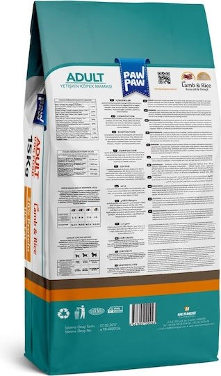 Pawpaw Adult Lamb & Rice Hrană Uscată pentru Câini Adulţi cu Miel și Orez 15 kg