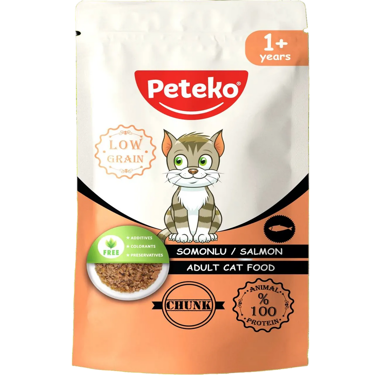 Hrană Peteko pentru pisici adulte Salmon Chunk cu bucăți de somon 85 g