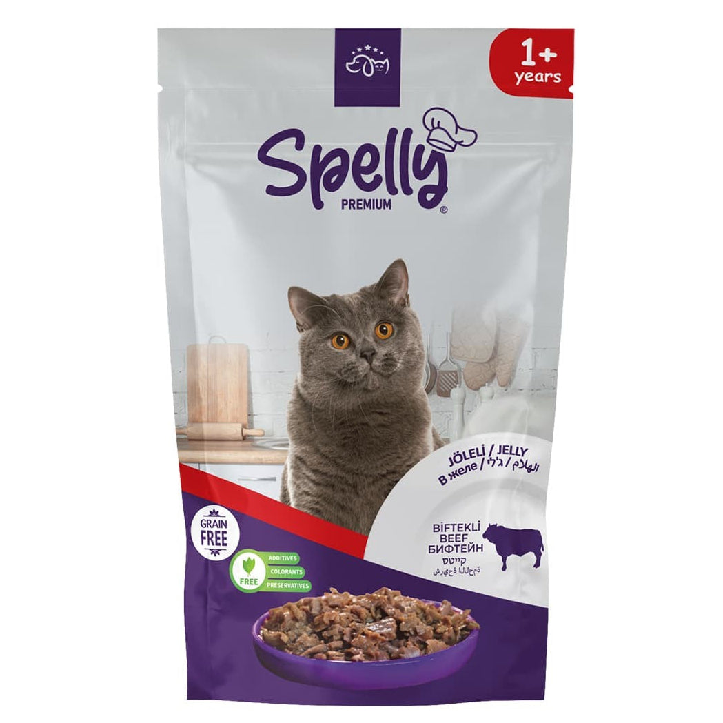 Spelly Premium Jelly Grain Free 85gr pentru pisici adulte cu carne de vită
