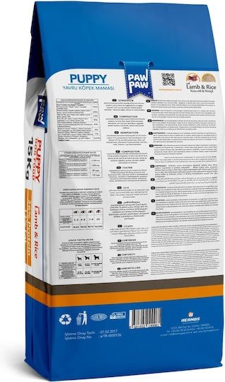 Pawpaw Hrana uscată Lamb and Rice Puppy Food, pentru Căţei cu Miel și Orez 15 kg