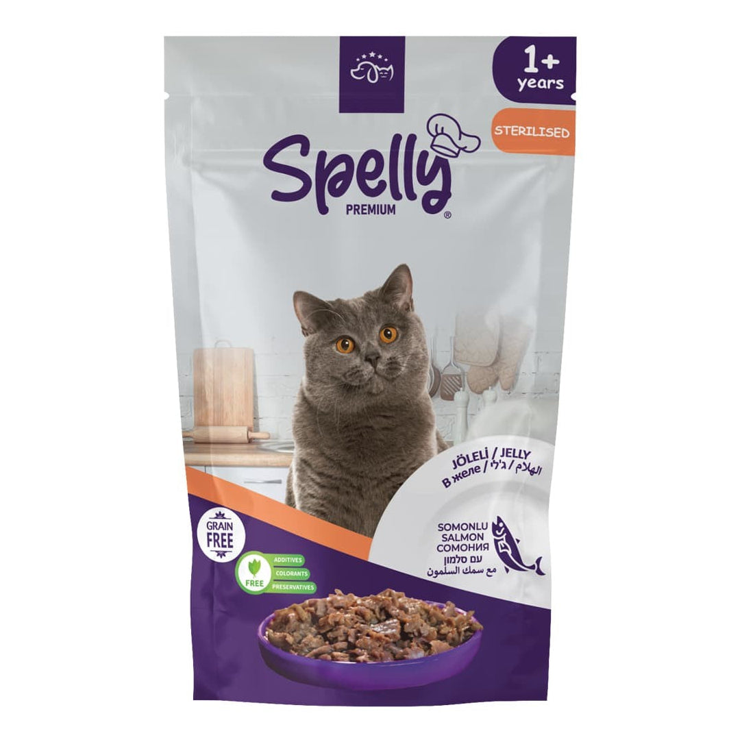 Spelly Premium Jeleu fără cereale pentru pisici castrate cu somon la pliculeț 85gr